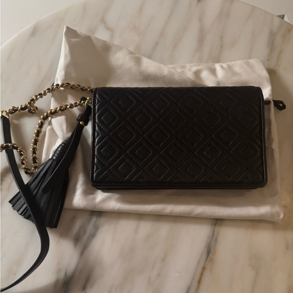 TORY BURCH Fleming Wallet Cross-Body Clutch Black Leather with Gold Hardware